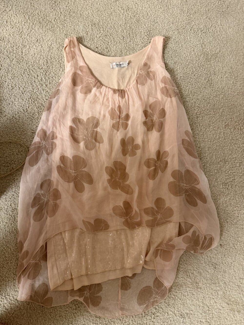 Luisa Ricci Silk Floral Top – Size M – Made in Italy – Sheer Overlay Sequin Hem